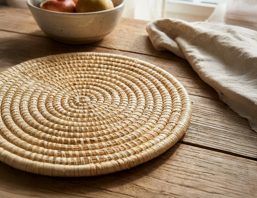 100% Handwoven Natural Rattan Round Placemats, Boho Farmhouse Kitchen & Dining, Heat-Resistant Table Mats, Handcrafted – Authentic African Craftsmanship, Placemats - Palace Imports