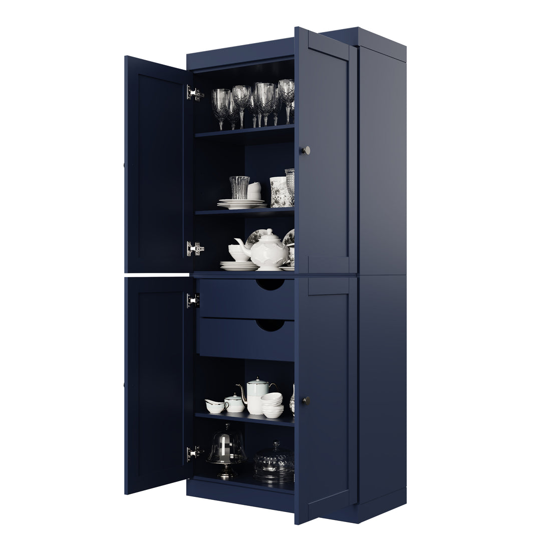 100% Solid Wood 32" Pantry Cabinet, Shaker Wood Doors, 2-Drawers