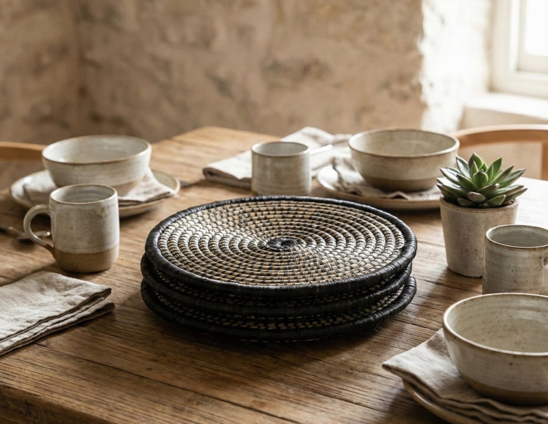 100% Handwoven Natural Rattan Round Placemats, Boho Farmhouse Kitchen & Dining, Heat-Resistant Table Mats, Handcrafted – Authentic African Craftsmanship, Placemats - Palace Imports