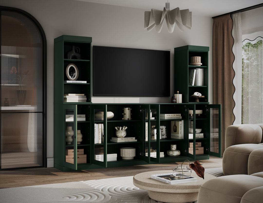 100% Solid Wood 6-Piece Entertainment Center Wall Unit with Storage, Open Cabinets & Glass Doors, Adjustable Shelves, 97" W x 71.5" H