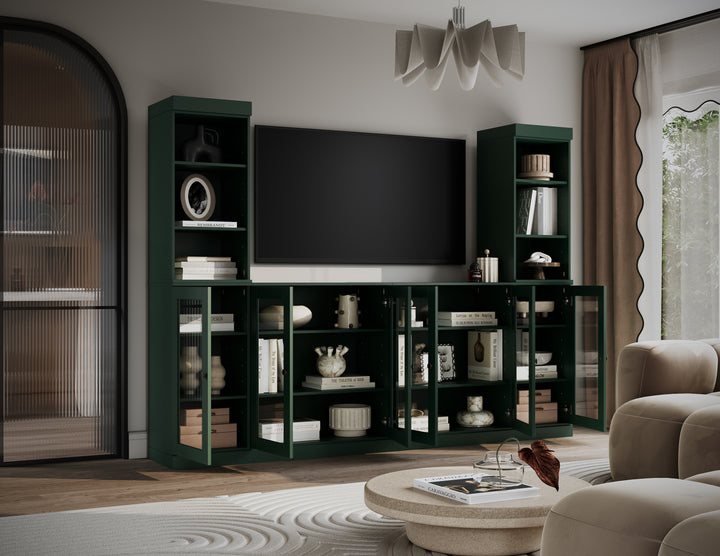 100% Solid Wood 6-Piece Entertainment Center Wall Unit with Storage, Open Cabinets & Glass Doors, Adjustable Shelves, 97" W x 71.5" H