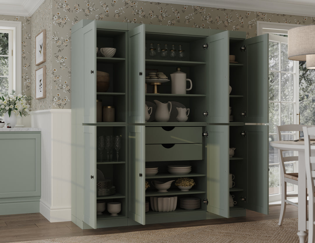 100% Solid Wood 65" Pantry Cabinet, 8 Shaker Wood Doors, 2 Drawers