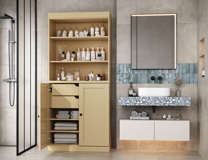 100% Solid Wood 32" Bathroom Cabinet with Shelves, Shaker Wood Doors, 2-Drawers