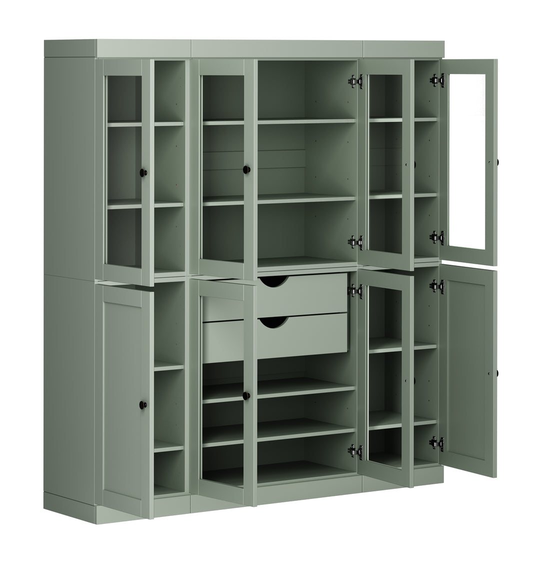 100% Solid Wood 65" China Pantry Cabinet, 6 Glass, 2 Shaker Wood Doors, 2 Drawers