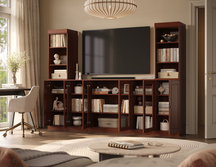 100% Solid Wood 7-Piece Entertainment Center Wall Unit with Storage, Open Cabinets, Raised Panel & Glass Doors, Adjustable Shelves, 98" W x 71.5" H