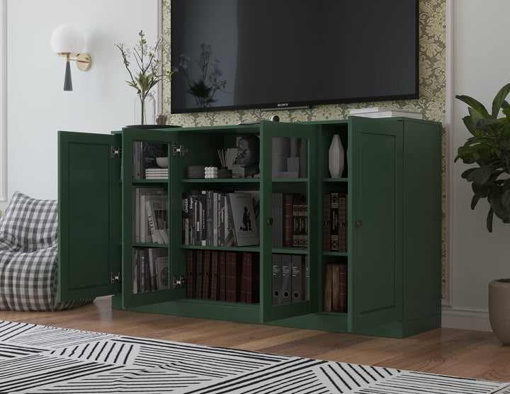 100% Solid Wood TV Stand for TVs up to 65" with Clear Glass, Raised Panel Doors, Adjustable Shelves