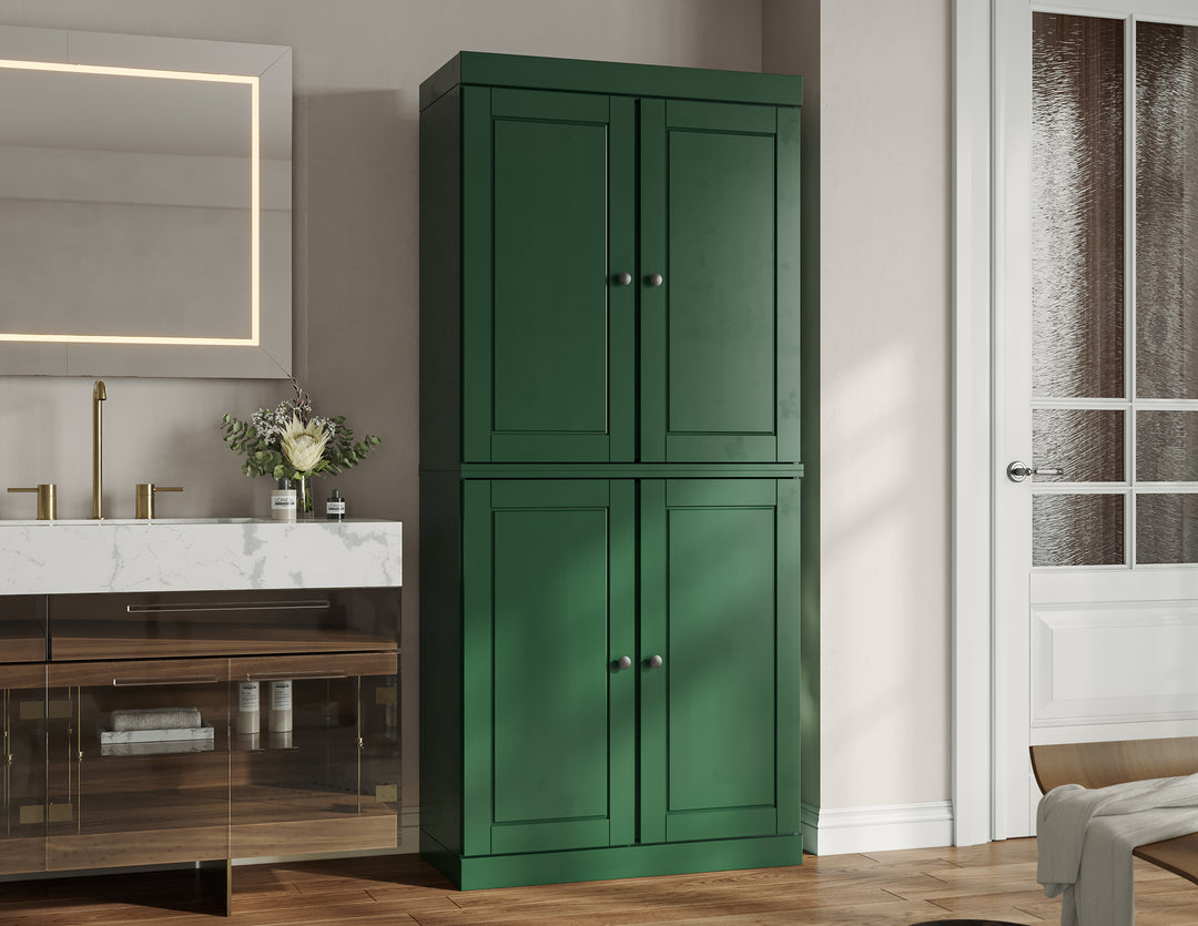 100% Solid Brazilian Pine Wood Bathroom Storage Cabinet, Raised Panel Doors, 2 Drawers, Adjustable Shelves, 32" Wide, 71.5" Tall