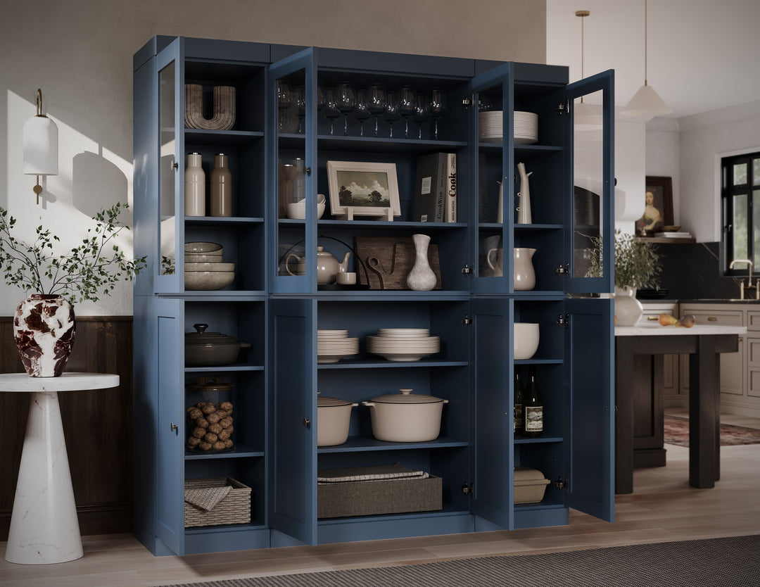 100% Solid Wood 65" China Pantry Cabinet, 4 Clear Glass, 4 Shaker Wood Doors