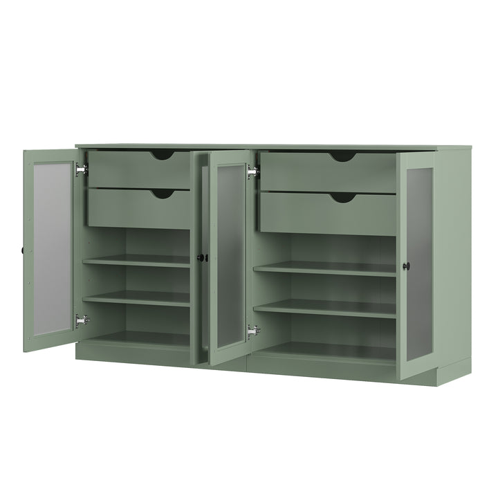 100% Solid Wood Sideboard Buffet with Frosted Glass Doors & 4 Drawers, Credenza Server for Dining Room Storage, Adjustable Shelves, 64" W x 35.75" H