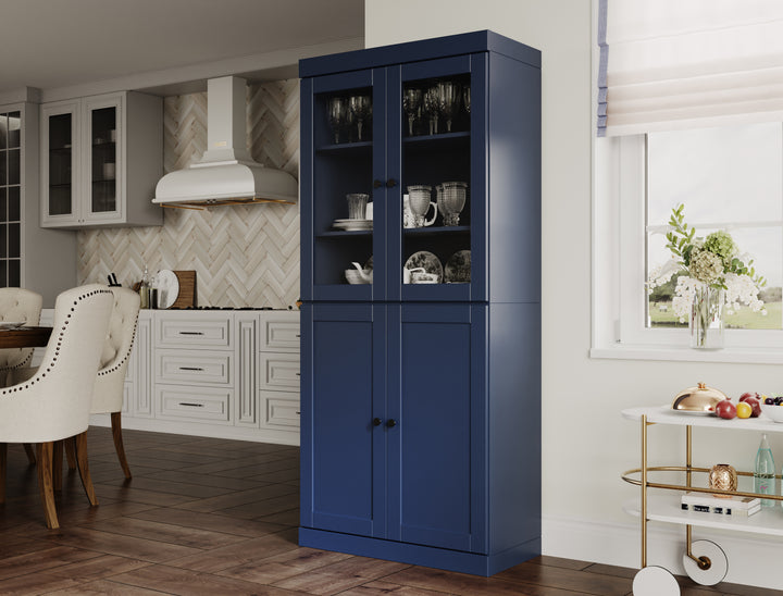 100% Solid Wood 32" Pantry Cabinet, 2 Clear Glass, 2 Shaker Doors, 2-Drawers