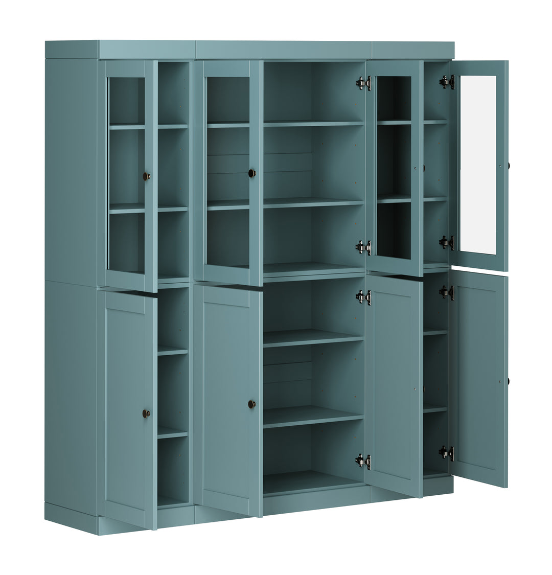 100% Solid Wood 65" China Pantry Cabinet, 4 Clear Glass, 4 Shaker Wood Doors