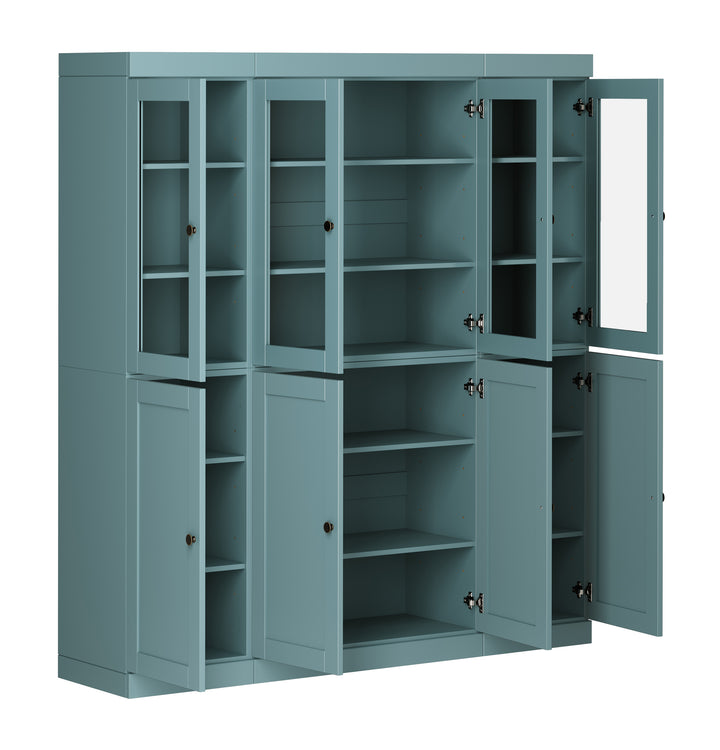 100% Solid Wood 65" China Pantry Cabinet, 4 Clear Glass, 4 Shaker Wood Doors