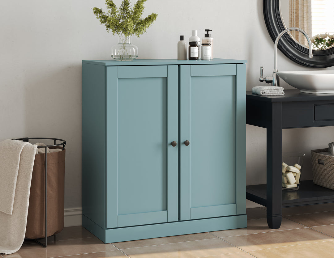 100% Solid Brazilian Pine Wood Bathroom Storage Cabinet, Shaker Doors, 2 Drawers, Adjustable Shelves, 32" Wide, 35.75" Tall