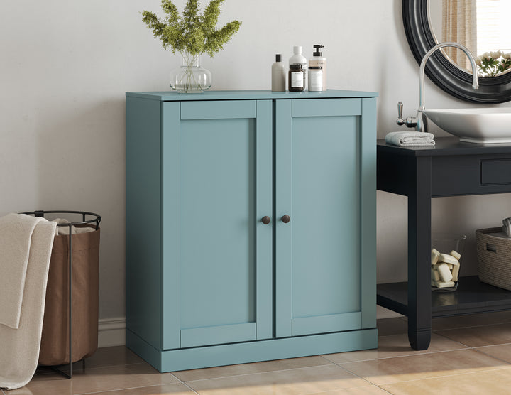 100% Solid Brazilian Pine Wood Bathroom Storage Cabinet, Shaker Doors, 2 Drawers, Adjustable Shelves, 32" Wide, 35.75" Tall