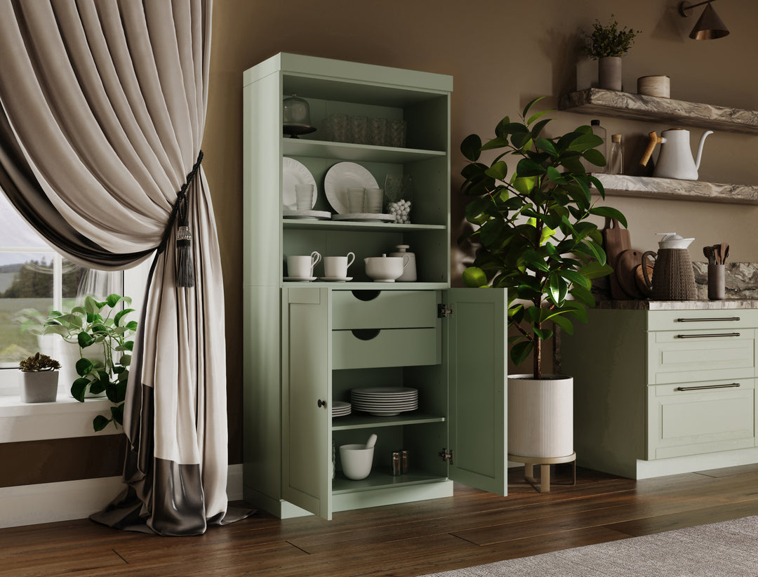 100% Solid Wood 32" Pantry Cabinet, 2 Shaker Wood Bottom Doors, 2 Drawers