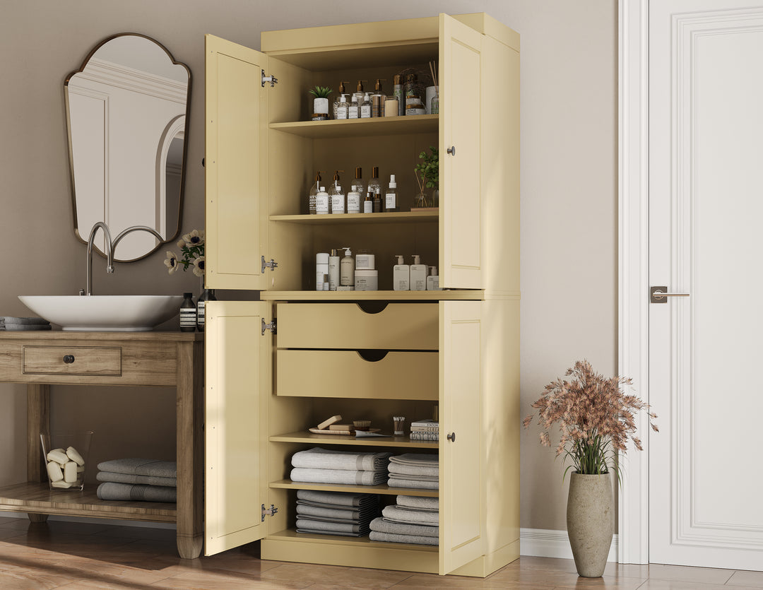 100% Solid Wood Tall Freestanding Bathroom Linen Storage Cabinet with Doors & 2 Drawers, Modular Bathroom & Laundry Room Storage Cabinet with Adjustable Shelves, 32" W x 71.5" H