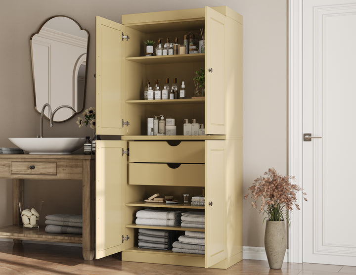 100% Solid Wood Tall Freestanding Bathroom Linen Storage Cabinet with Doors & 2 Drawers, Modular Bathroom & Laundry Room Storage Cabinet with Adjustable Shelves, 32" W x 71.5" H