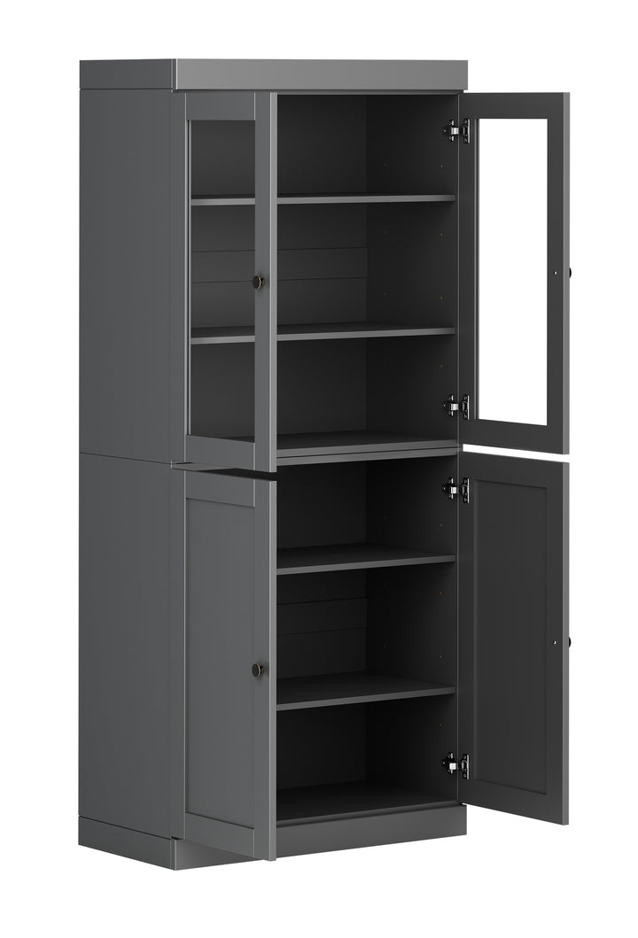 100% Solid Wood 6-Shelf 32" Bookcase, 2 Glass Doors, 2 Shaker Wood Doors, Adjustable Shelves