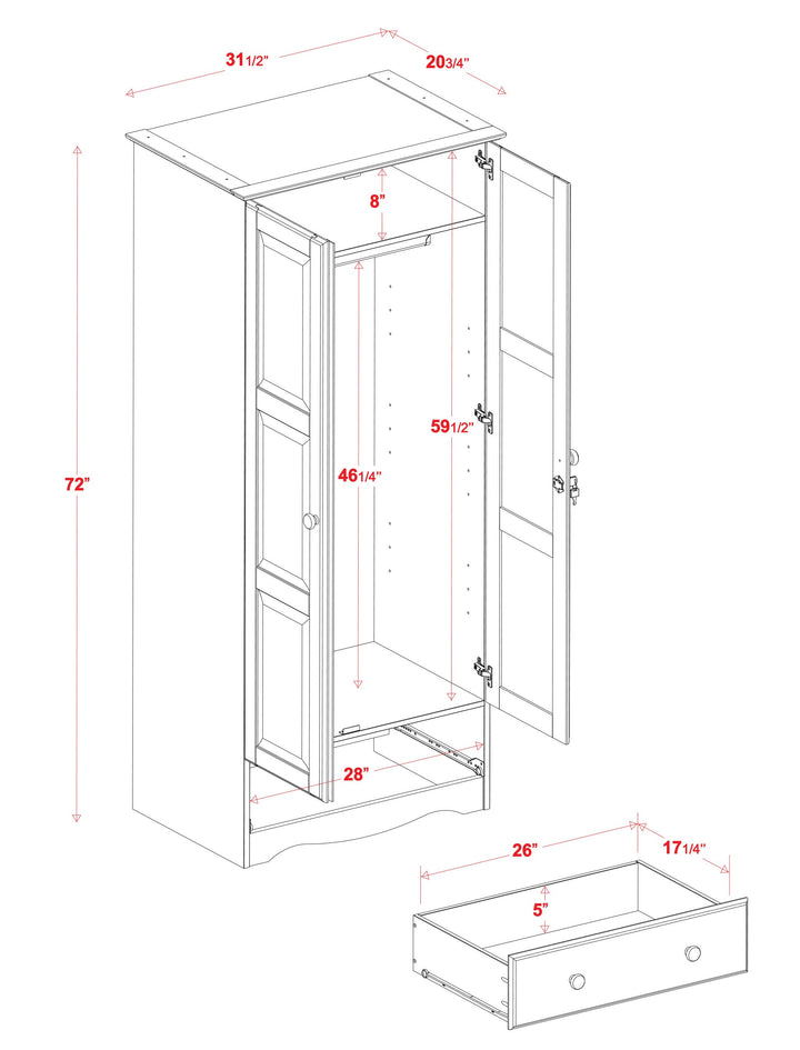 100% Solid Wood 2-Door Wardrobe Armoire with Raised Panel Doors, Bedroom Closet Storage - Flexible Collection