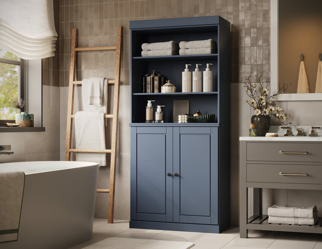 100% Solid Brazilian Pine Wood Bathroom Storage Cabinet, Raised Panel Doors, Adjustable Shelves, 32" Wide, 71.5" Tall