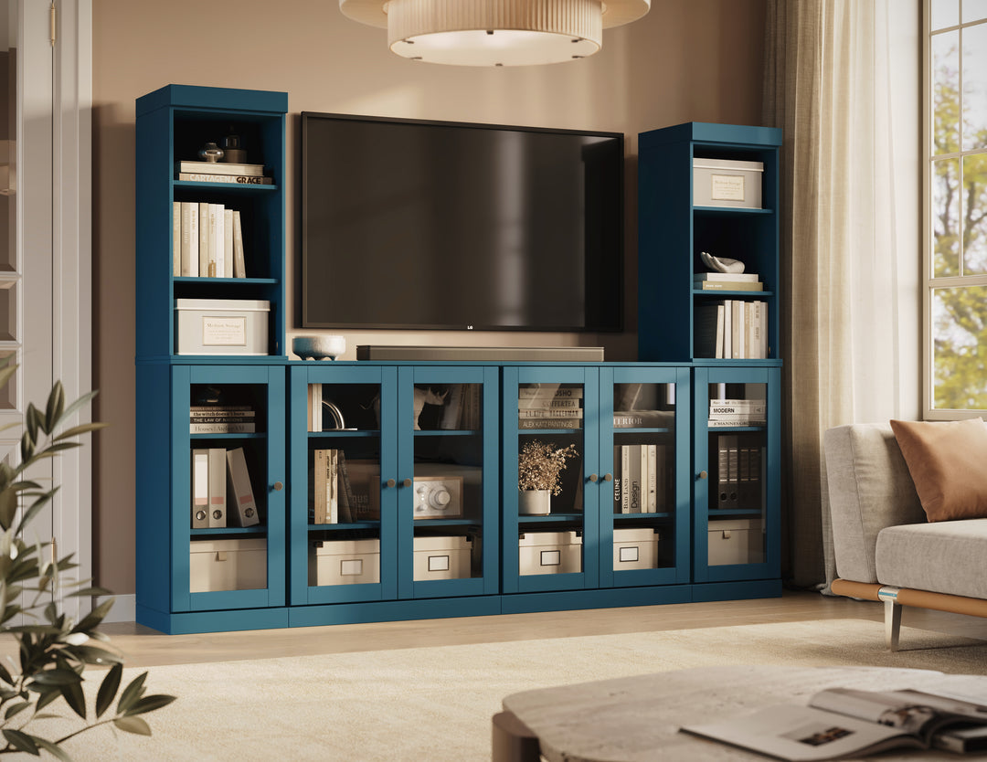 100% Solid Wood 6-Piece Entertainment Center Wall Unit with Storage, Open Cabinets & Glass Doors, Adjustable Shelves, 97" W x 71.5" H