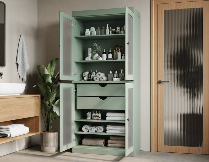 100% Solid Wood Tall Freestanding Modular Bathroom Linen Storage Cabinet with Frosted Glass Doors, 2 Drawers, Adjustable Shelves, 32" W x 71.5" H