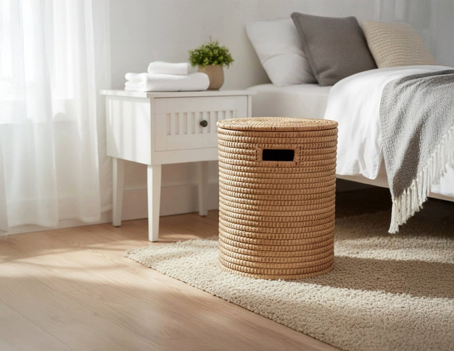100% Handwoven Natural Rattan 17" Round Basket with Lid & Handles, Boho Farmhouse Decorative Laundry & Storage Organizer, Handcrafted – Authentic African Craftsmanship, Baskets - Palace Imports