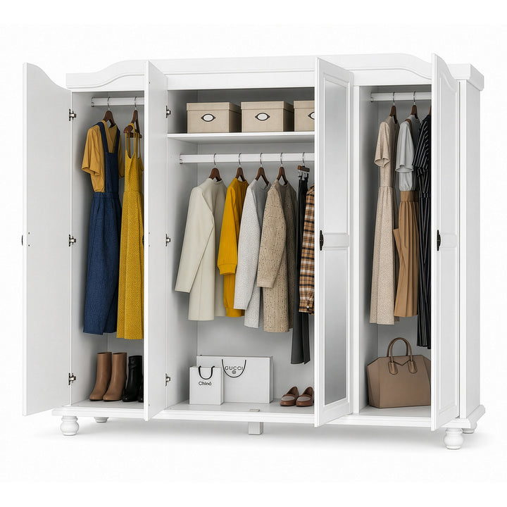 100% Solid Wood 4-Door Wardrobe Armoire with Mirrored Doors, Bedroom Closet Storage - Kyle Collection