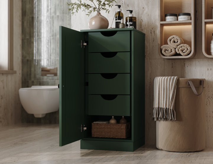 100% Solid Wood Bathroom Storage Cabinet, Raised Panel Door, 4 Drawers, Adjustable Shelves, 16.5" Wide, 35.75" Tall