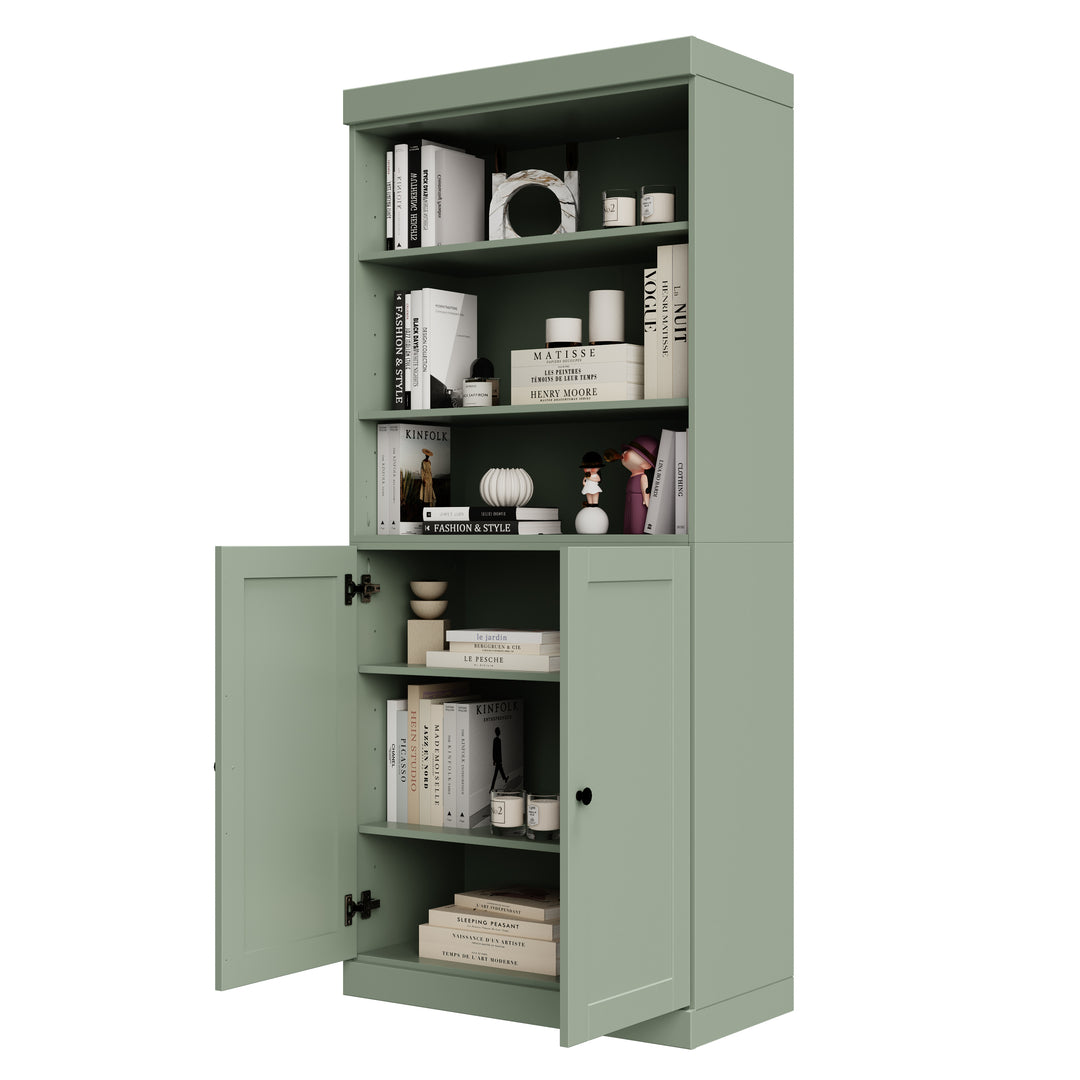 100% Solid Wood 6-Shelf 32" Bookcase Cabinet, 2 Solid Shaker Wood Doors, Adjustable Shelves