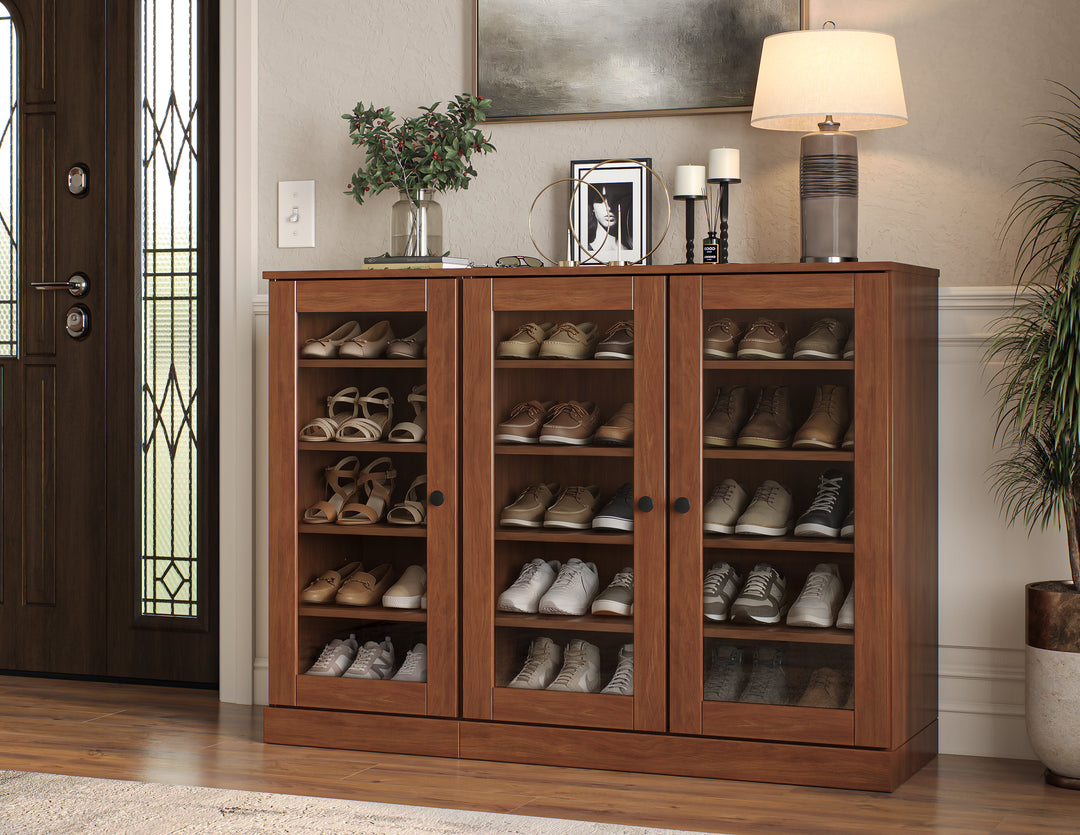 100% Solid Wood Glass Door Shoe Storage Cabinet, Adjustable Shelves, Space Saving Modular Entryway Organizer, 48.5" W x 35.75" H