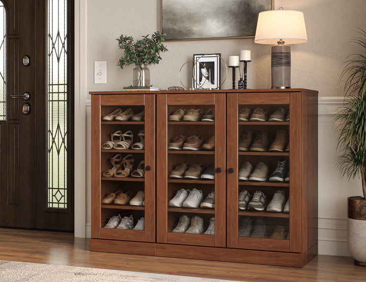 100% Solid Wood Glass Door Shoe Storage Cabinet, Adjustable Shelves, Space Saving Modular Entryway Organizer, 48.5" W x 35.75" H