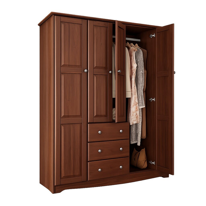 100% Solid Wood 4-Door Wardrobe Armoire with Metal Knobs, Bedroom Closet Storage - Family Collection
