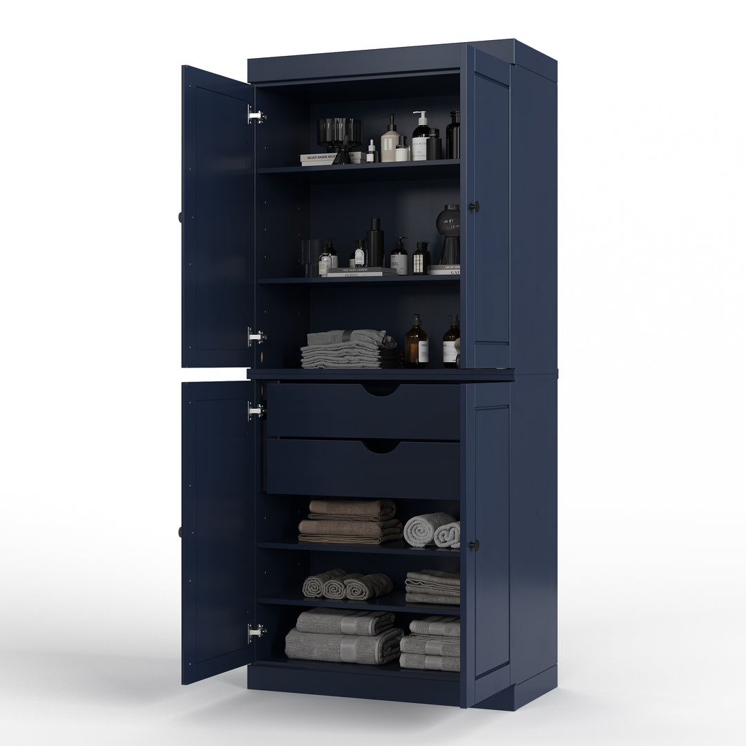 100% Solid Brazilian Pine Wood Bathroom Storage Cabinet, Raised Panel Doors, 2 Drawers, Adjustable Shelves, 32" Wide, 71.5" Tall