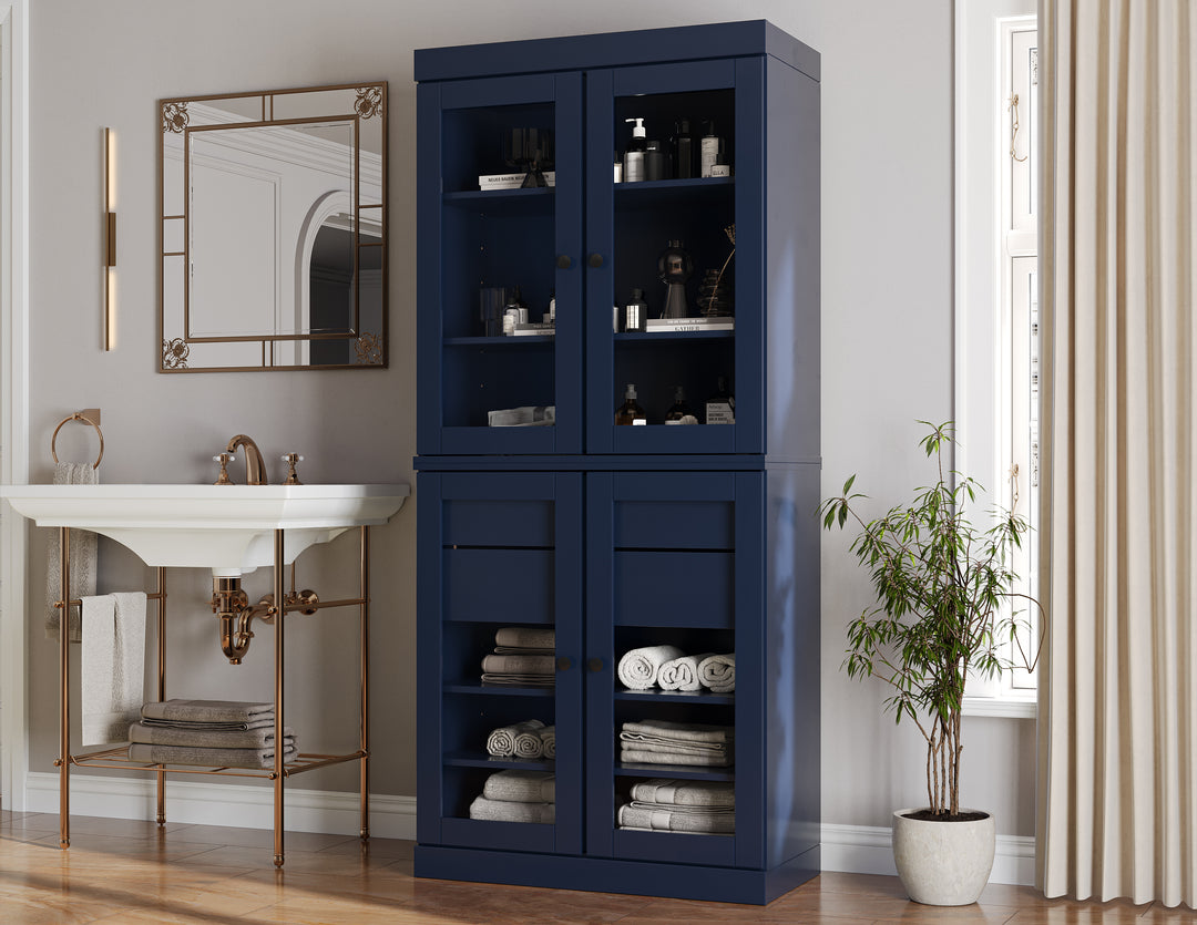 100% Solid Brazilian Pine Wood Bathroom Storage Cabinet, Clear Glass Doors, 2 Drawers, Adjustable Shelves, 32" Wide, 71.5" Tall