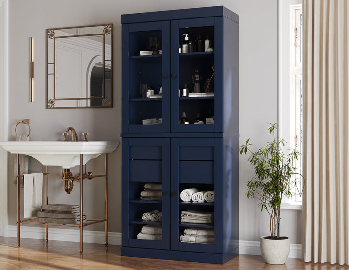 100% Solid Brazilian Pine Wood Bathroom Storage Cabinet, Clear Glass Doors, 2 Drawers, Adjustable Shelves, 32" Wide, 71.5" Tall