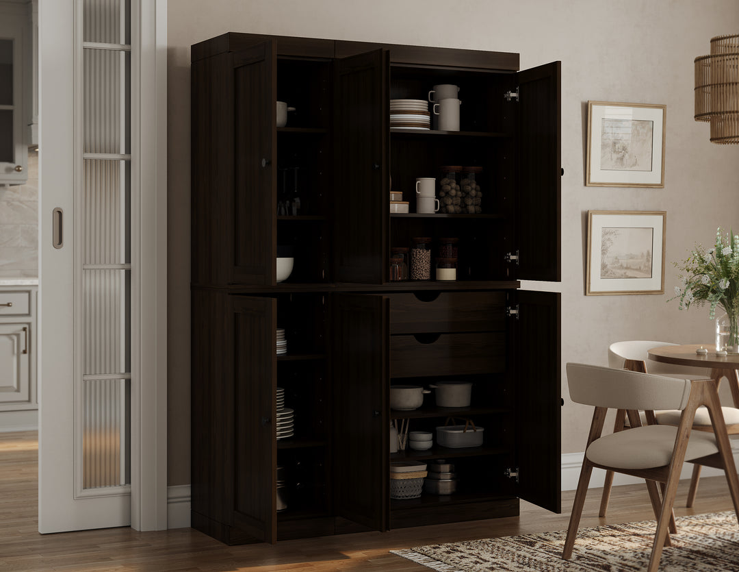 100% Solid Wood Kitchen Pantry Cabinet, Tall Freestanding Modular Storage with Shaker Doors & 2 Drawers, Adjustable Shelves, 48.5" W x 71.5" H