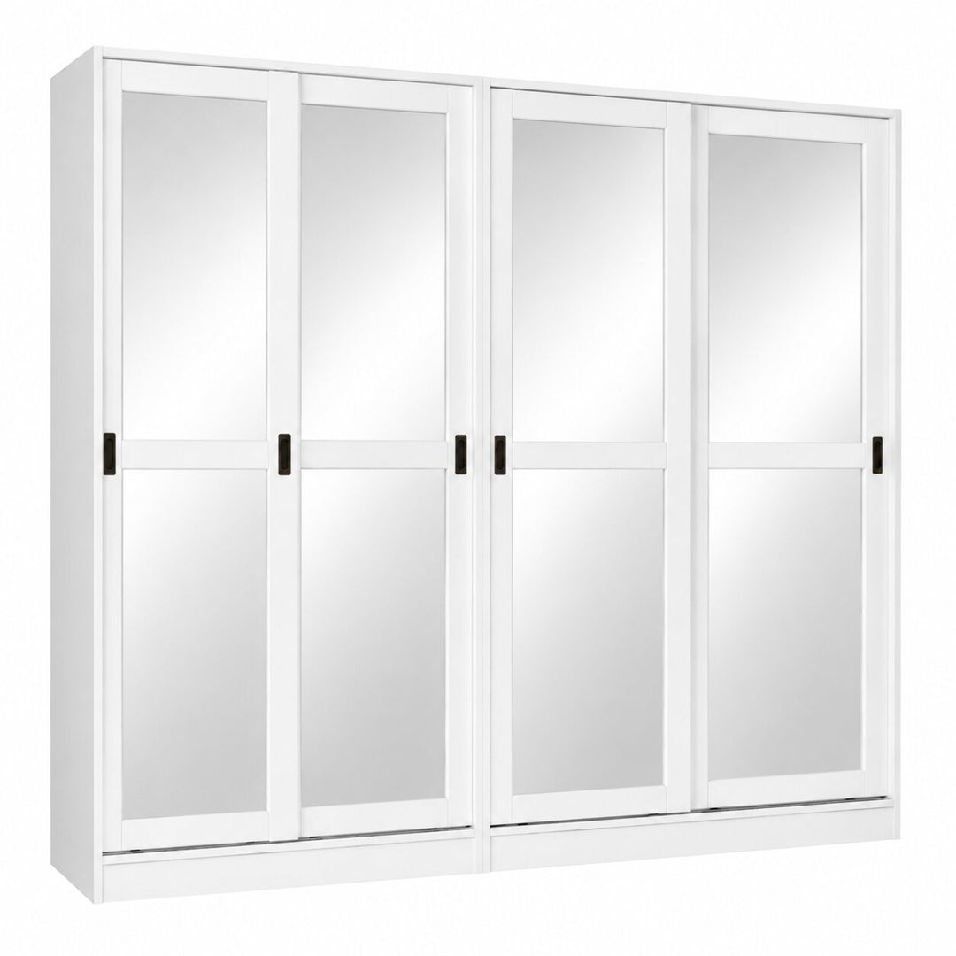 A white 5-door wardrobe or closet cabinet with mirrored glass doors and slim black handles, shown against a plain white background.