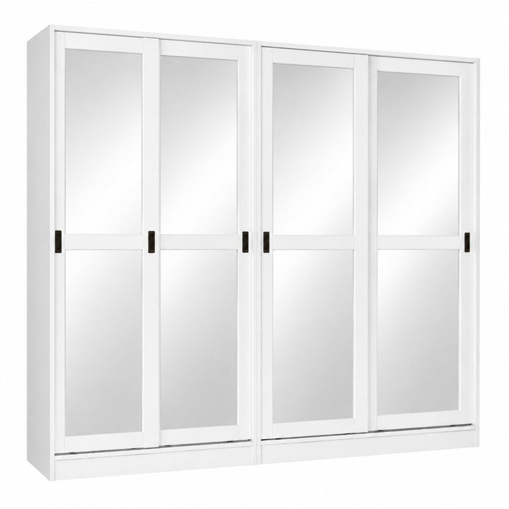 A white 5-door wardrobe or closet cabinet with mirrored glass doors and slim black handles, shown against a plain white background.