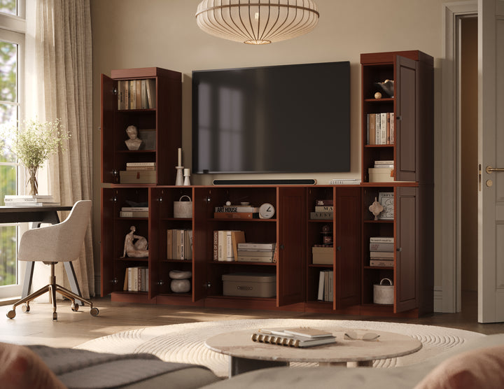 100% Solid Wood 7-Piece Entertainment Center Wall Unit with Storage, Raised Panel Doors, Adjustable Shelves, 98" W x 71.5" H