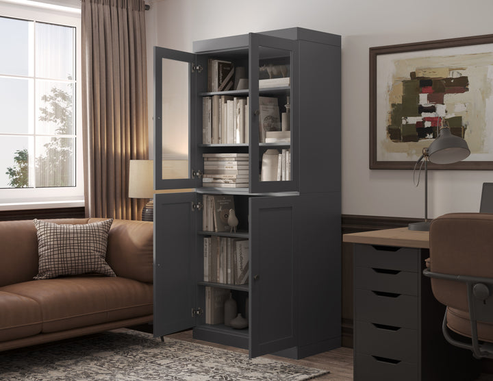 100% Solid Wood 6-Shelf 32" Bookcase, 2 Glass Doors, 2 Shaker Wood Doors, Adjustable Shelves