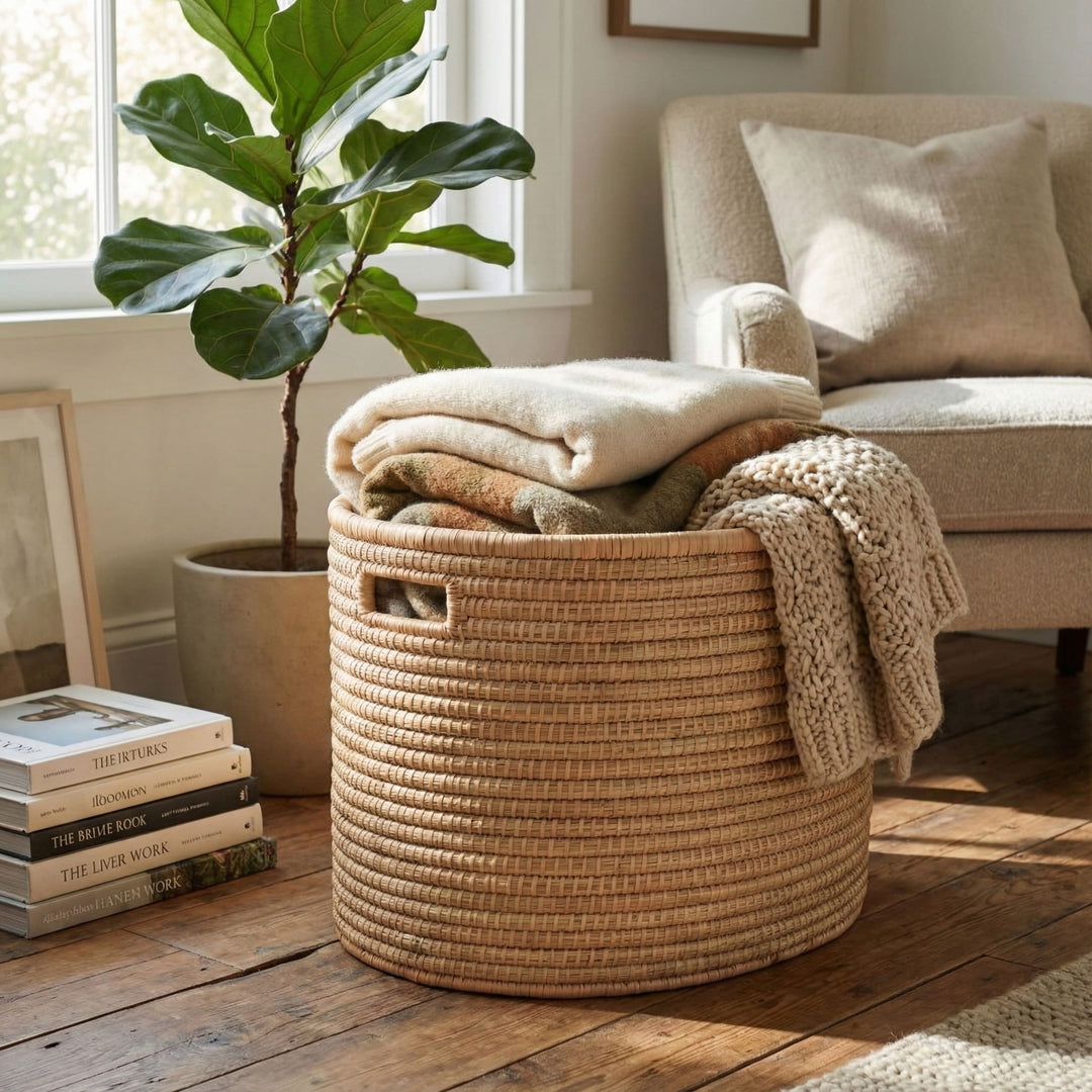 100% Handwoven Natural Rattan 18.5" Oval Basket with Handles, Boho Farmhouse Decorative Laundry & Storage Organizer, Handcrafted – Authentic African Craftsmanship, Baskets - Palace Imports