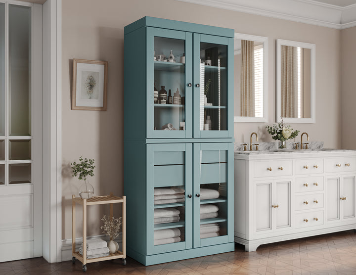 100% Solid Brazilian Pine Wood Bathroom Storage Cabinet, Clear Glass Doors, 2 Drawers, Adjustable Shelves, 32" Wide, 71.5" Tall