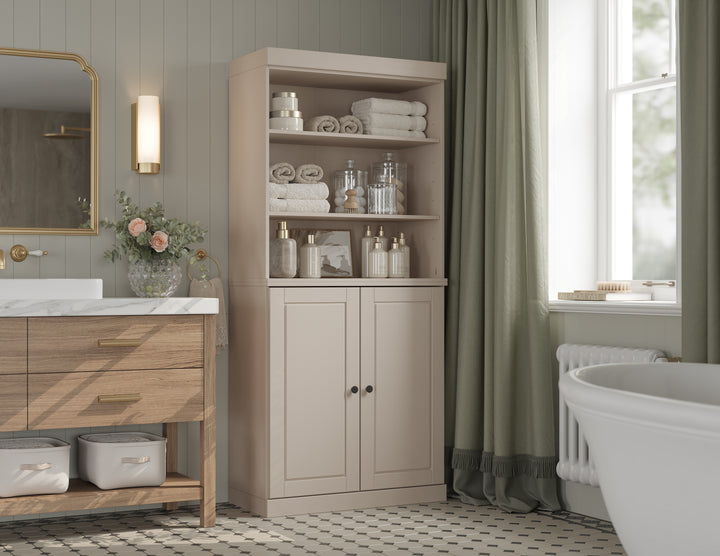 100% Solid Brazilian Pine Wood Bathroom Storage Cabinet, Raised Panel Doors, Adjustable Shelves, 32" Wide, 71.5" Tall