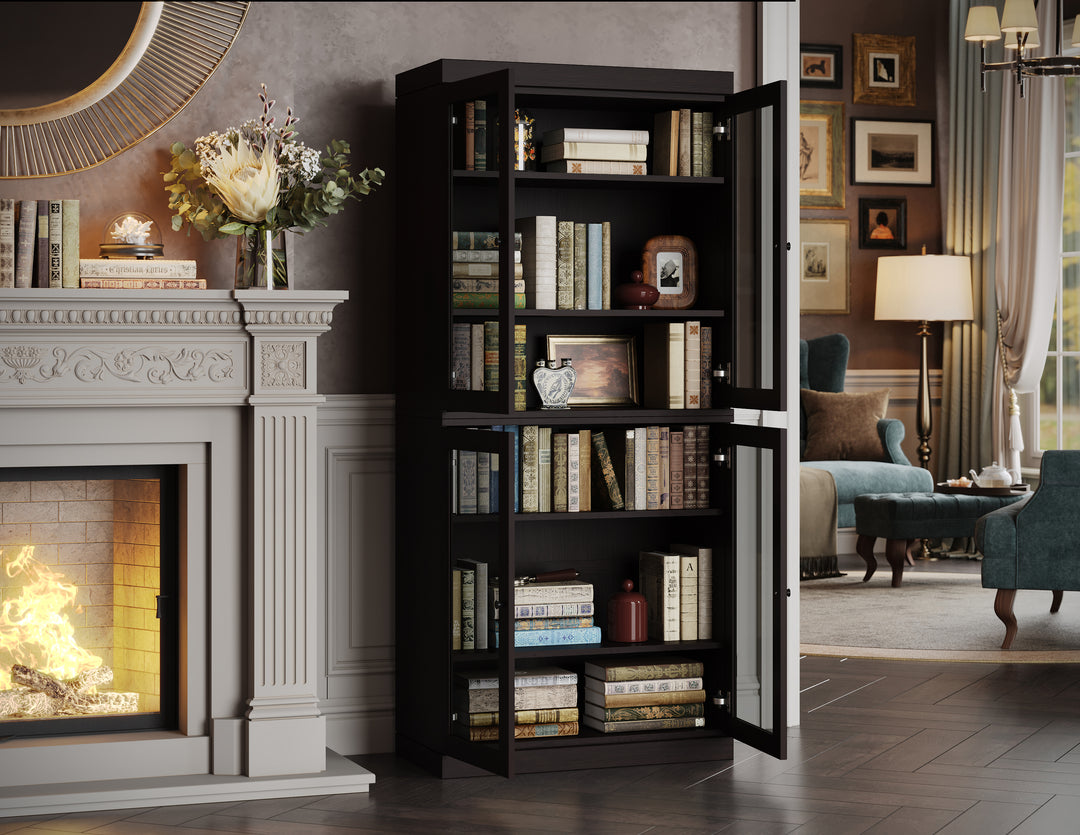 Premium 100% Solid European Oak Hardwood 6-Shelf Modular Bookcase with Tinted Glass Doors – 32" Wide, 71.5" Tall