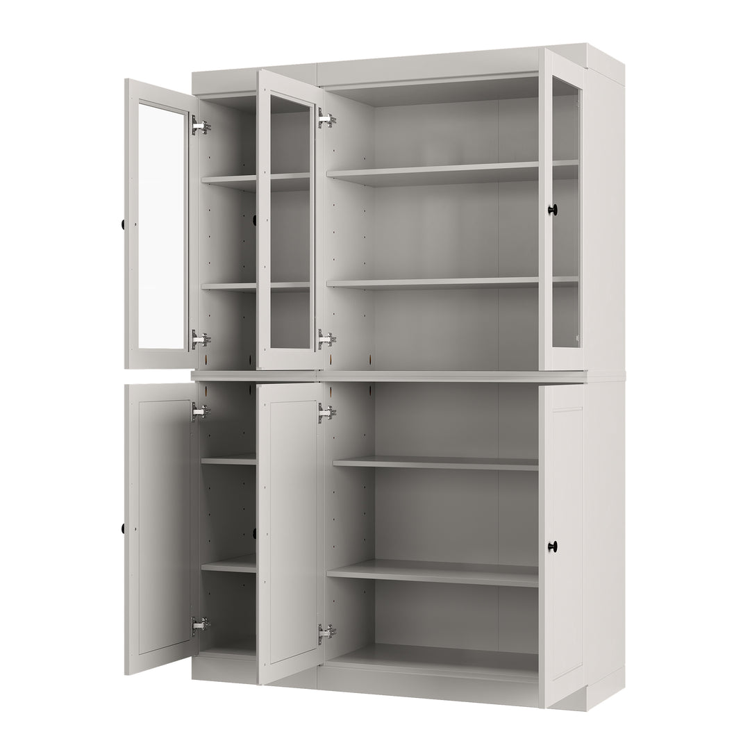 100% Solid Wood Kitchen Pantry China Cabinet, Tall Freestanding Modular Storage with Glass & Raised Panel Doors, Adjustable Shelves, 48.5" W x 71.5" H