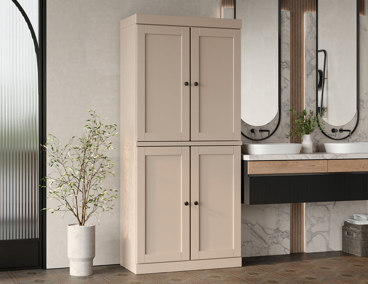 100% Solid Brazilian Pine Wood Bathroom Storage Cabinet, Shaker Doors, 2 Drawers, Adjustable Shelves, 32" Wide, 71.5" Tall