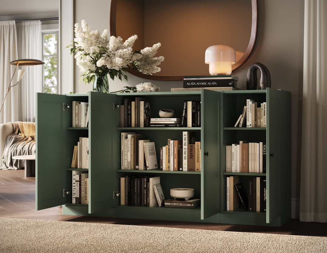 100% Solid Brazilian Pine Wood Sideboard, Shaker Doors, Adjustable Shelves, 65" Wide, 35.75" Tall