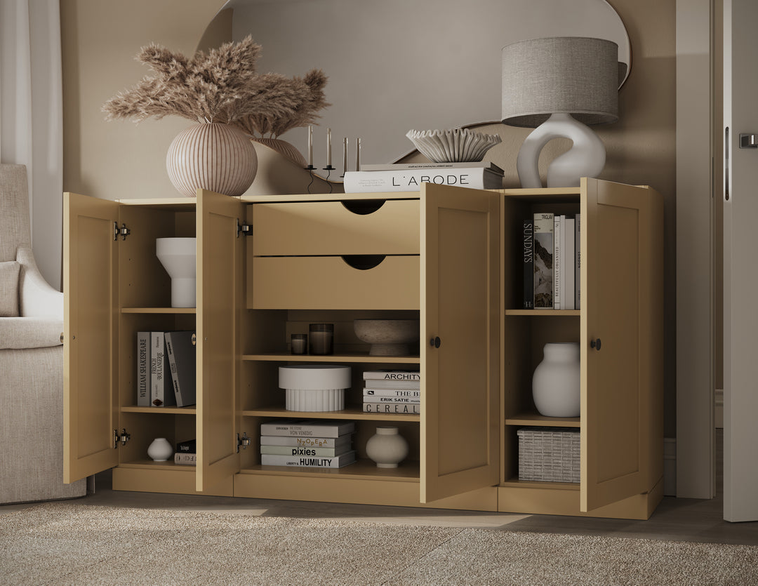 100% Solid Brazilian Pine Wood Sideboard, Shaker Doors, 2 Drawers, Adjustable Shelves, 65" Wide, 35.75" Tall