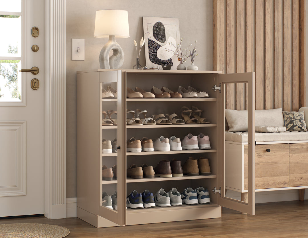 100% Solid Wood Glass Door Shoe Storage Cabinet with Adjustable Shelves, Space Saving Stackable Entryway Organizer, 32" W x 35.75" H